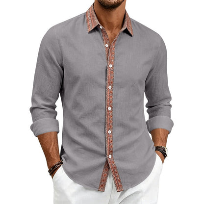 Men's Linen Shirt Long Sleeve | Contrast Placket Collared Shirt
