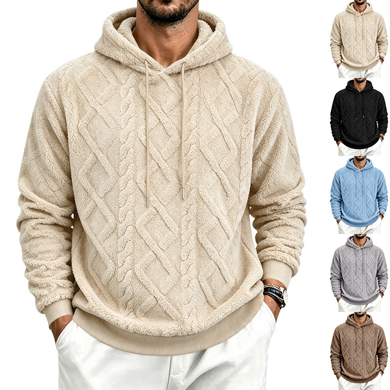 Men's loose-fitting warm plush simple pullover hooded sweatshirt