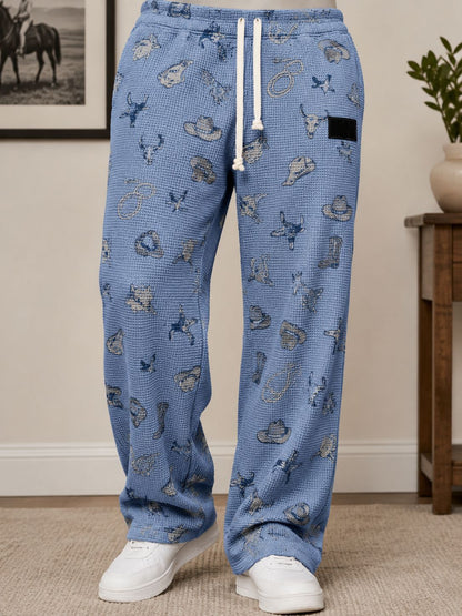 Men's All-Over Print Waffle Knit Pants | High-Waisted Drawstring Relaxed Fit Trousers