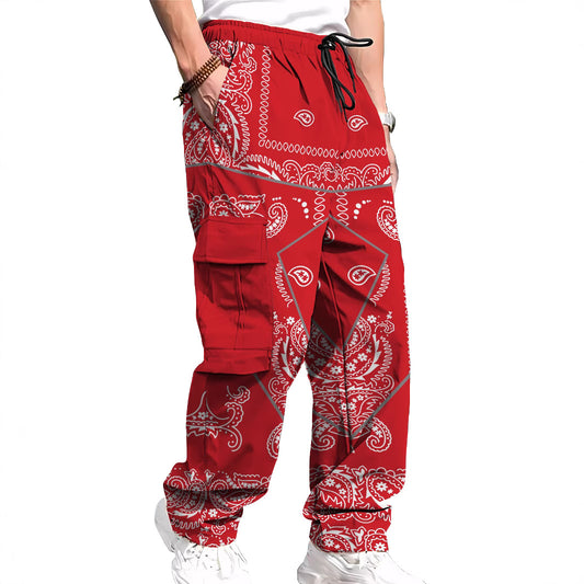 Men's All-Over Print Cargo Pants | Multi-Pocket Drawstring Trousers