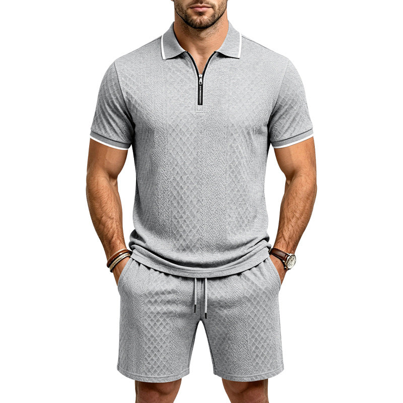 Men's Jacquard Polo Shirt & Shorts Set | Relaxed Zip-Up Commuter 2-Piece