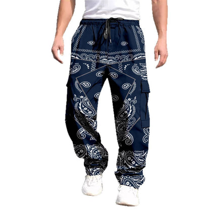 Men's All-Over Print Cargo Pants | Multi-Pocket Drawstring Trousers