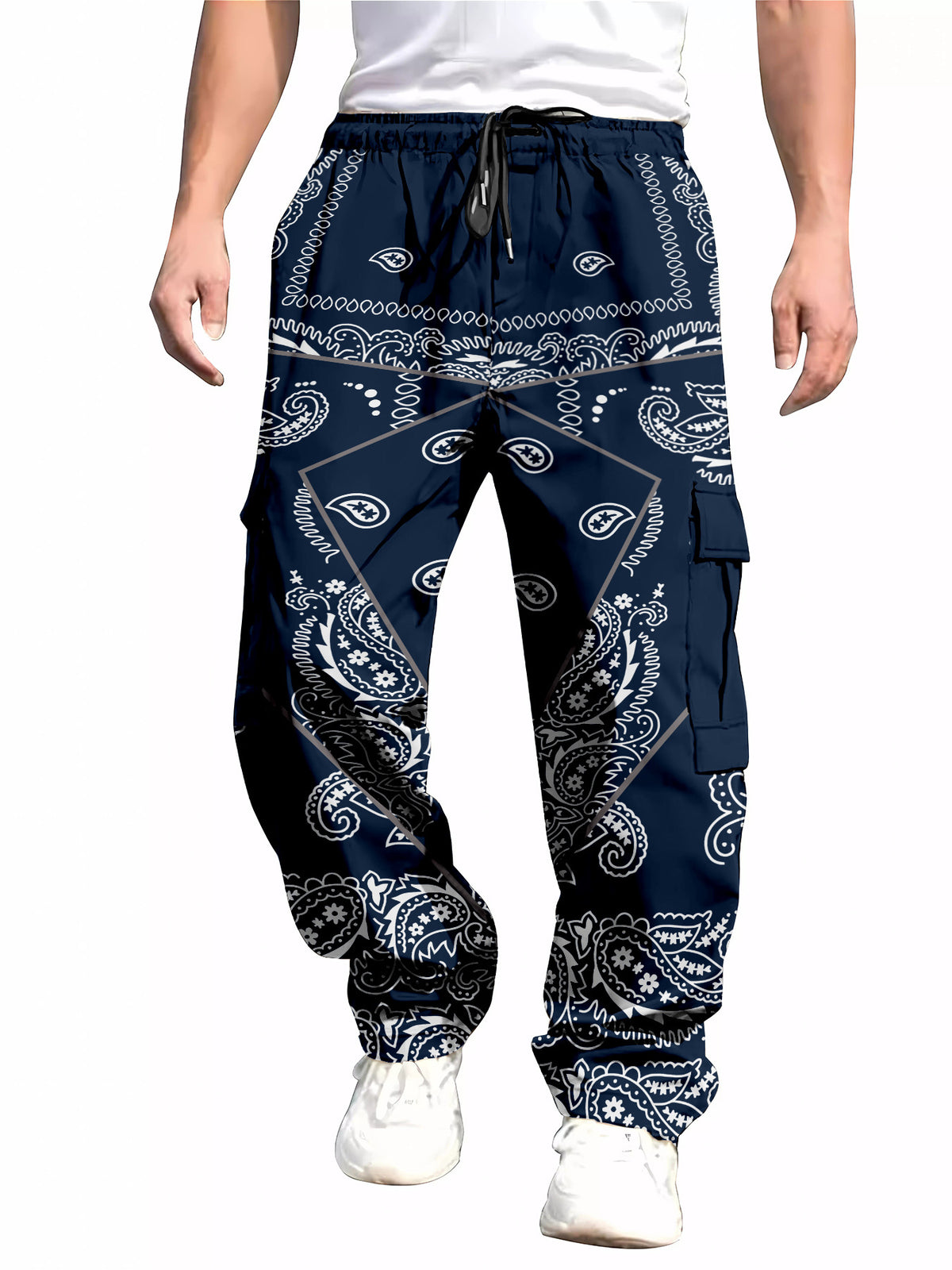 Men's All-Over Print Cargo Pants | Multi-Pocket Drawstring Trousers