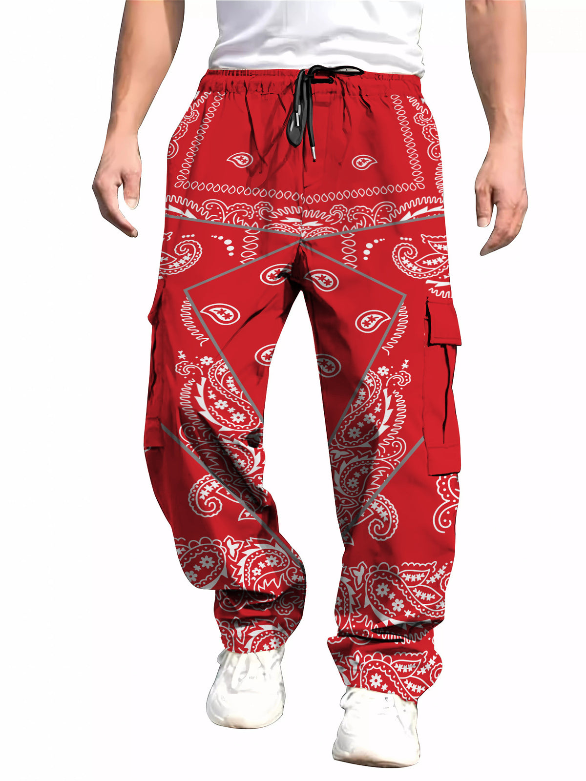 Men's All-Over Print Cargo Pants | Multi-Pocket Drawstring Trousers