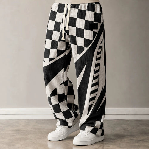 Men's All-Over Print Waffle Knit Pants | High-Waisted Drawstring Relaxed Fit Trousers