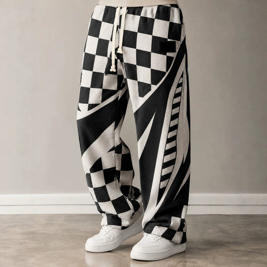 Men's All-Over Print Waffle Knit Pants | High-Waisted Drawstring Relaxed Fit Trousers