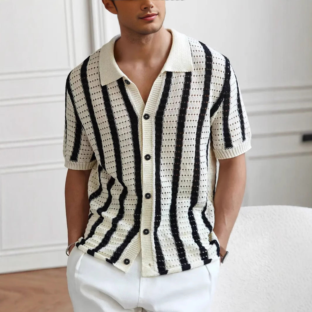Men's Openwork Vertical Stripe Knit Polo Cardigan Short Sleeve Shirt