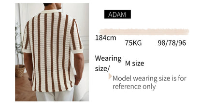 Men's Openwork Vertical Stripe Knit Polo Cardigan Short Sleeve Shirt