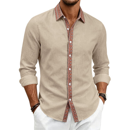 Men's Linen Shirt Long Sleeve | Contrast Placket Collared Shirt