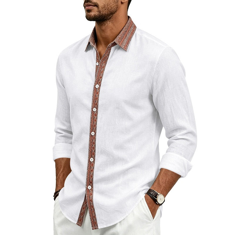 Men's Linen Shirt Long Sleeve | Contrast Placket Collared Shirt