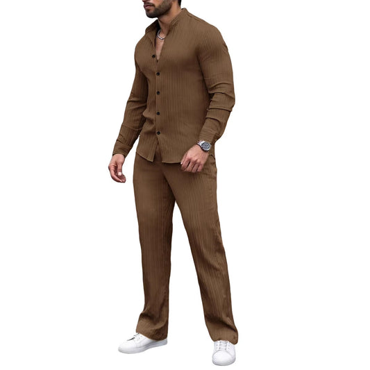Solid-color, collarless, long-sleeved shirt and trousers two-piece set