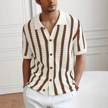 Men's Openwork Vertical Stripe Knit Polo Cardigan Short Sleeve Shirt