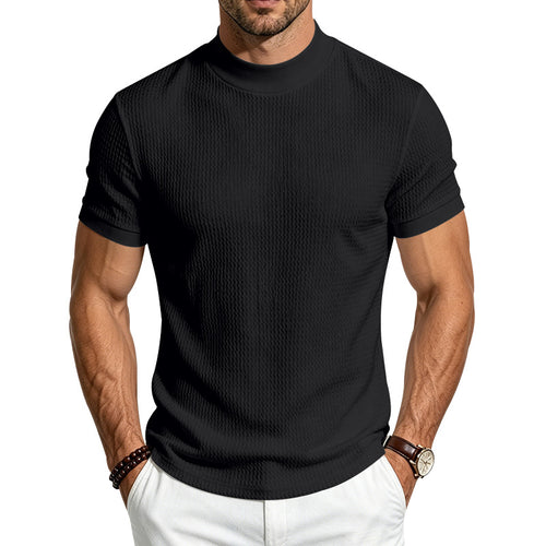 Men's Solid Jacquard Mock Neck Shirt | Slim Fit Minimalist Short Sleeve Top
