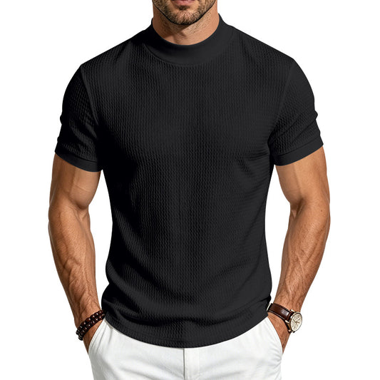 Men's Solid Jacquard Mock Neck Shirt | Slim Fit Minimalist Short Sleeve Top
