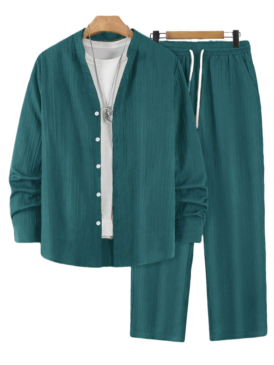 Solid-color, collarless, long-sleeved shirt and trousers two-piece set