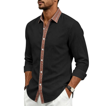Men's Linen Shirt Long Sleeve | Contrast Placket Collared Shirt