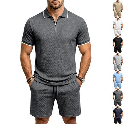 Men's Jacquard Polo Shirt & Shorts Set | Relaxed Zip-Up Commuter 2-Piece