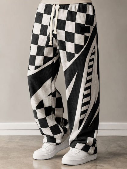 Men's All-Over Print Waffle Knit Pants | High-Waisted Drawstring Relaxed Fit Trousers
