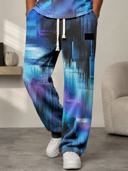 Men's All-Over Print Waffle Knit Pants | High-Waisted Drawstring Relaxed Fit Trousers
