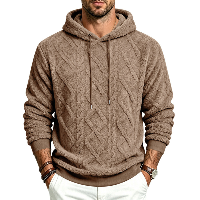 Men's loose-fitting warm plush simple pullover hooded sweatshirt