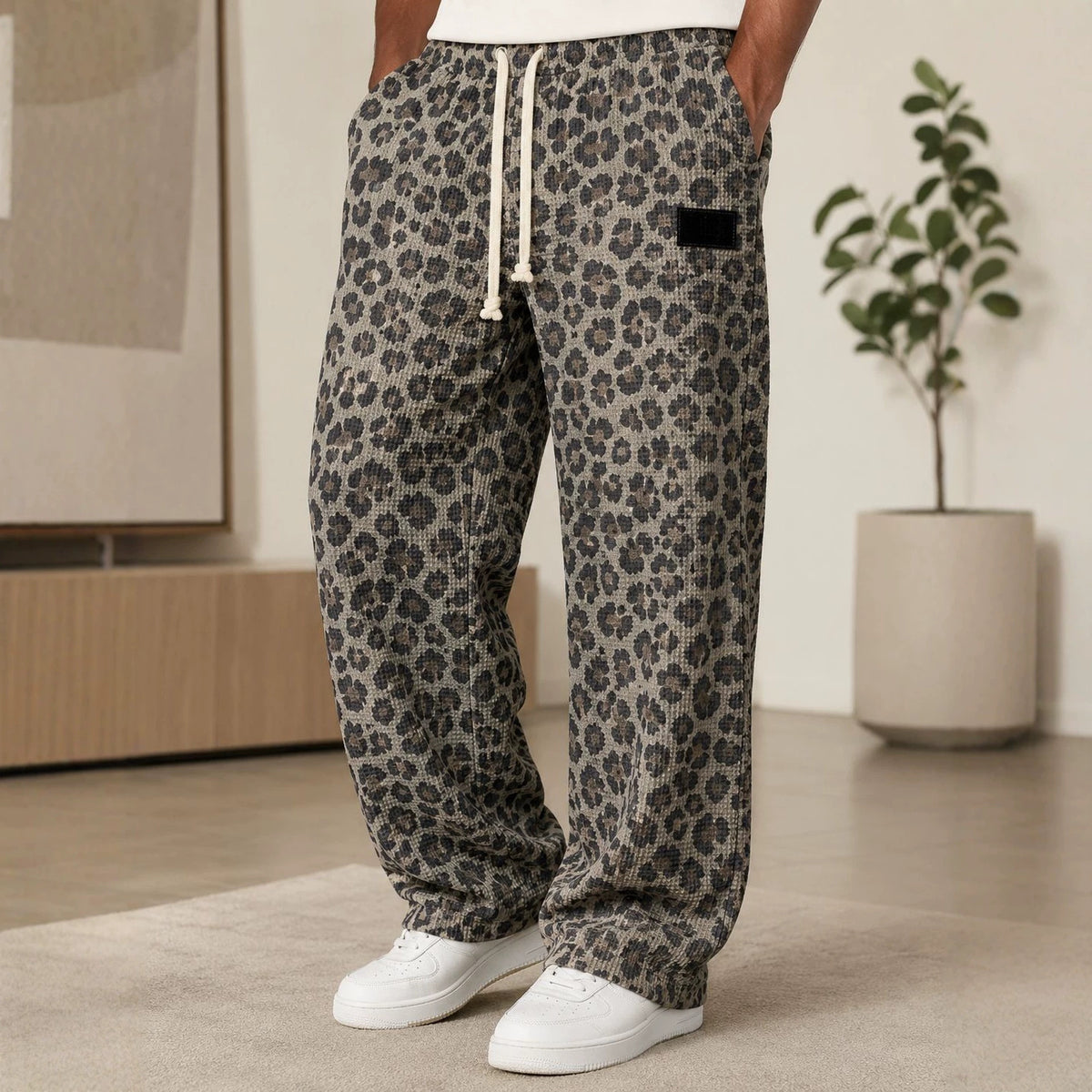 Men's All-Over Print Waffle Knit Pants | High-Waisted Drawstring Relaxed Fit Trousers