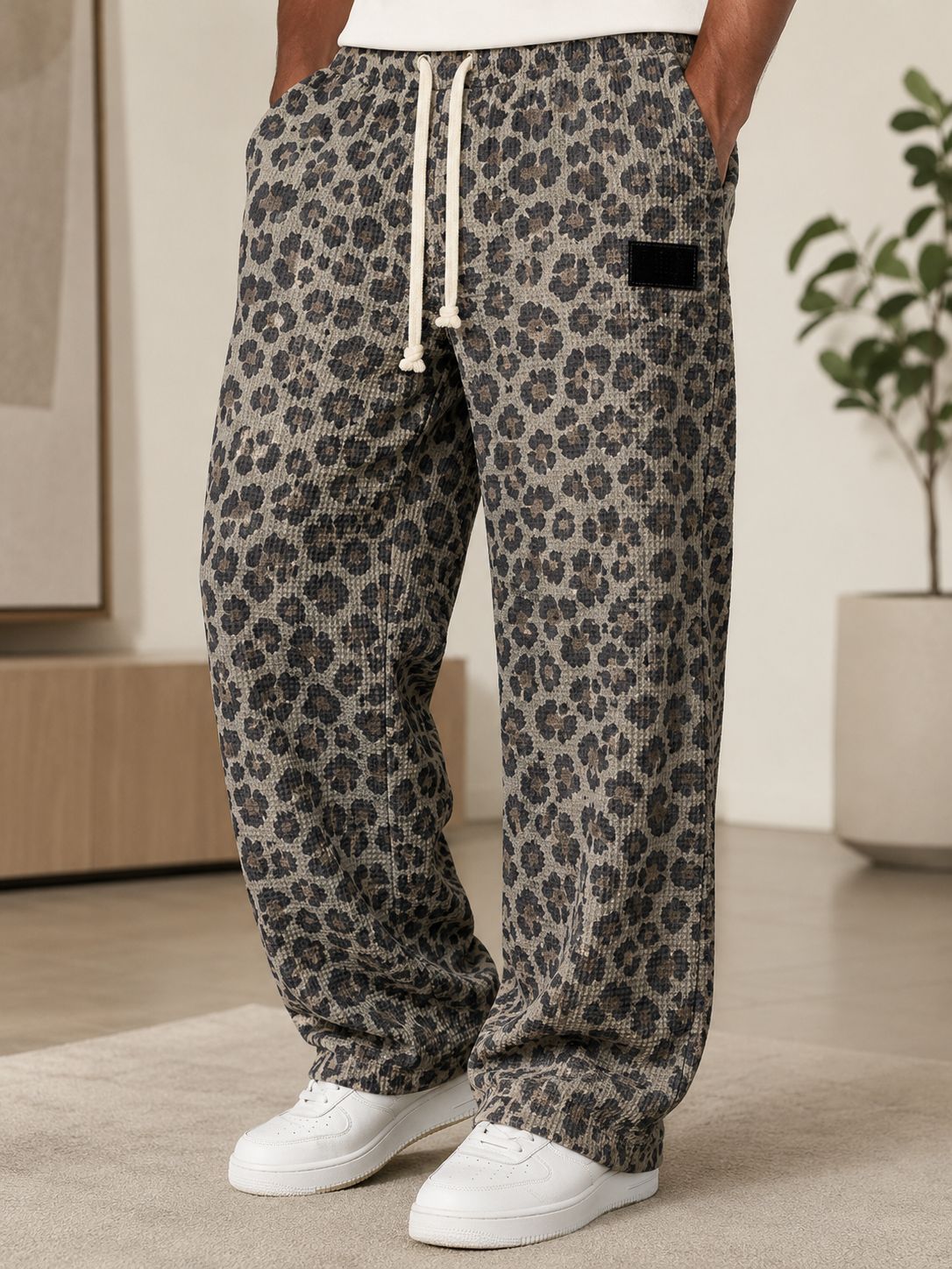 Men's All-Over Print Waffle Knit Pants | High-Waisted Drawstring Relaxed Fit Trousers