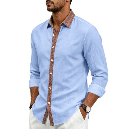 Men's Linen Shirt Long Sleeve | Contrast Placket Collared Shirt