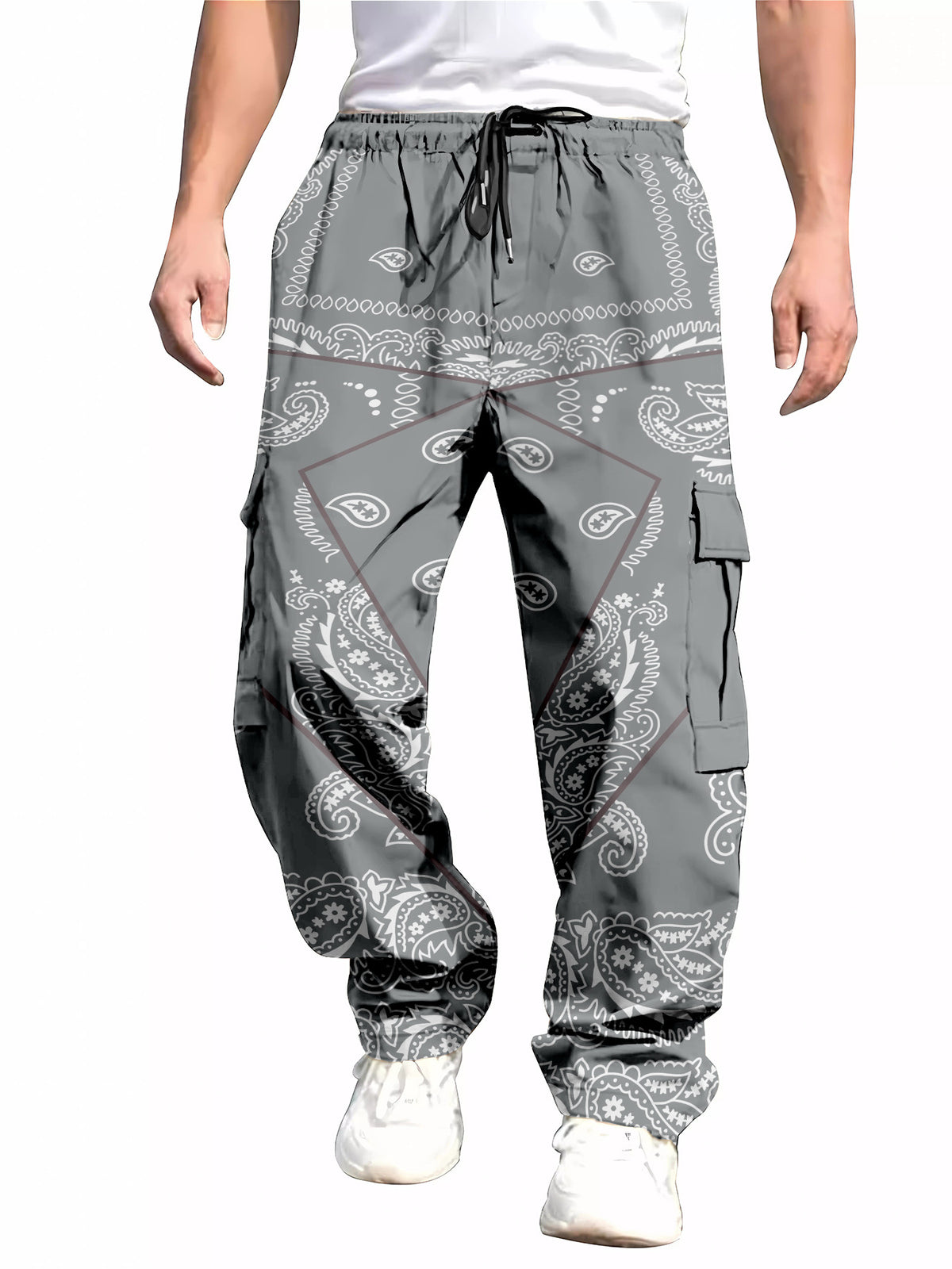 Men's All-Over Print Cargo Pants | Multi-Pocket Drawstring Trousers