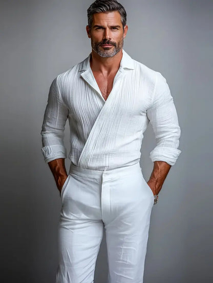 Men's Textured Crossover V-Neck Long Sleeve Pullover Shirt