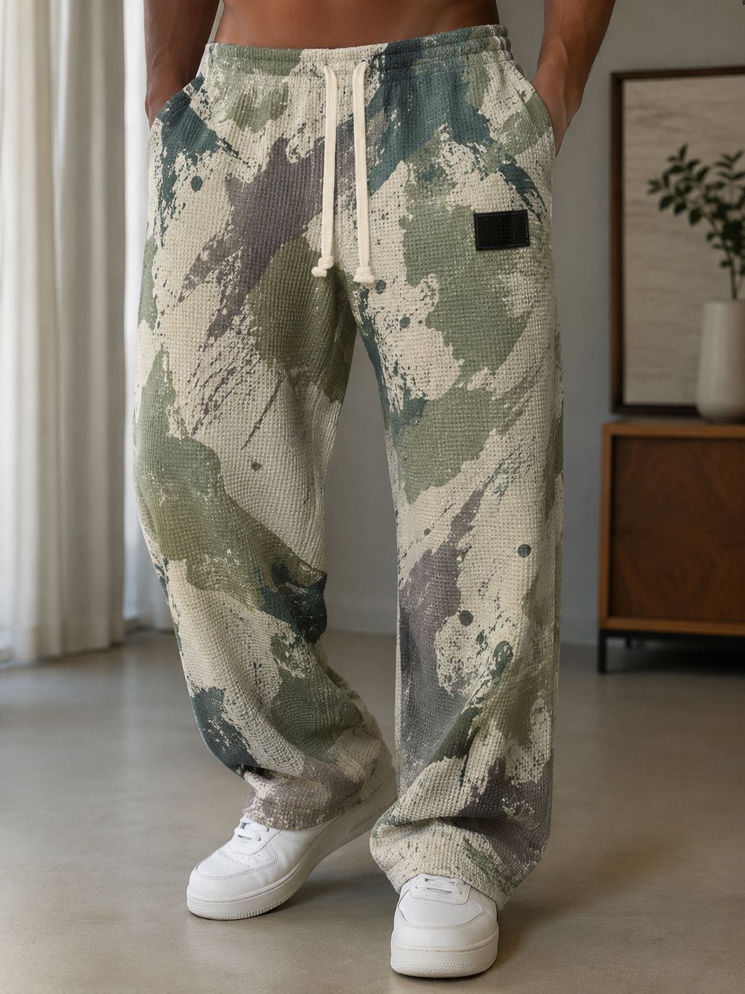 Men's All-Over Print Waffle Knit Pants | High-Waisted Drawstring Relaxed Fit Trousers