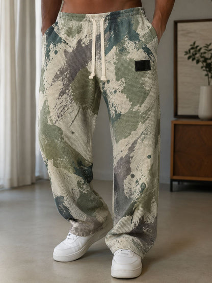 Men's All-Over Print Waffle Knit Pants | High-Waisted Drawstring Relaxed Fit Trousers