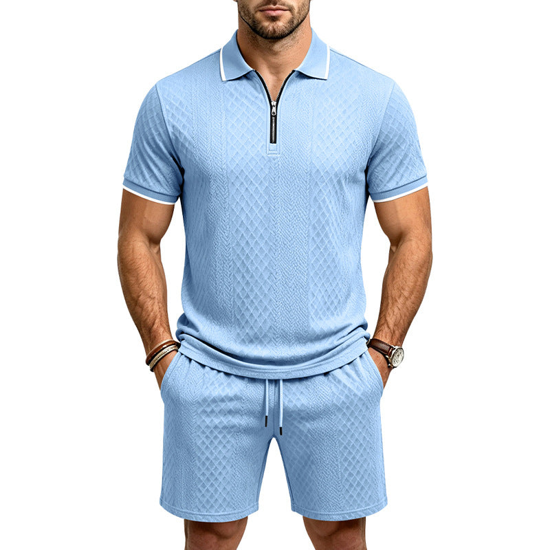Men's Jacquard Polo Shirt & Shorts Set | Relaxed Zip-Up Commuter 2-Piece
