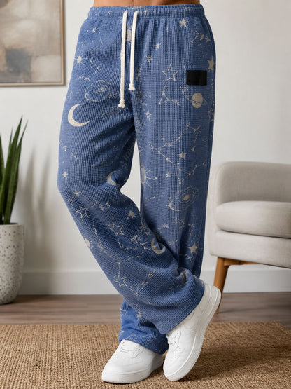 Men's All-Over Print Waffle Knit Pants | High-Waisted Drawstring Relaxed Fit Trousers