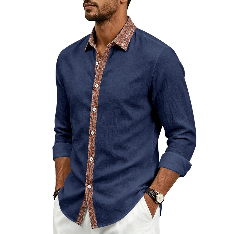 Men's Linen Shirt Long Sleeve | Contrast Placket Collared Shirt