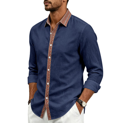 Men's Linen Shirt Long Sleeve | Contrast Placket Collared Shirt