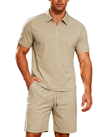 Men's Short Sleeve Zip Polo Shorts Set