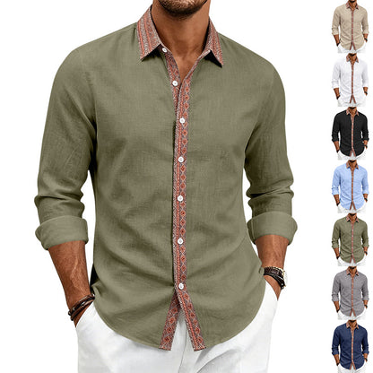 Men's Linen Shirt Long Sleeve | Contrast Placket Collared Shirt