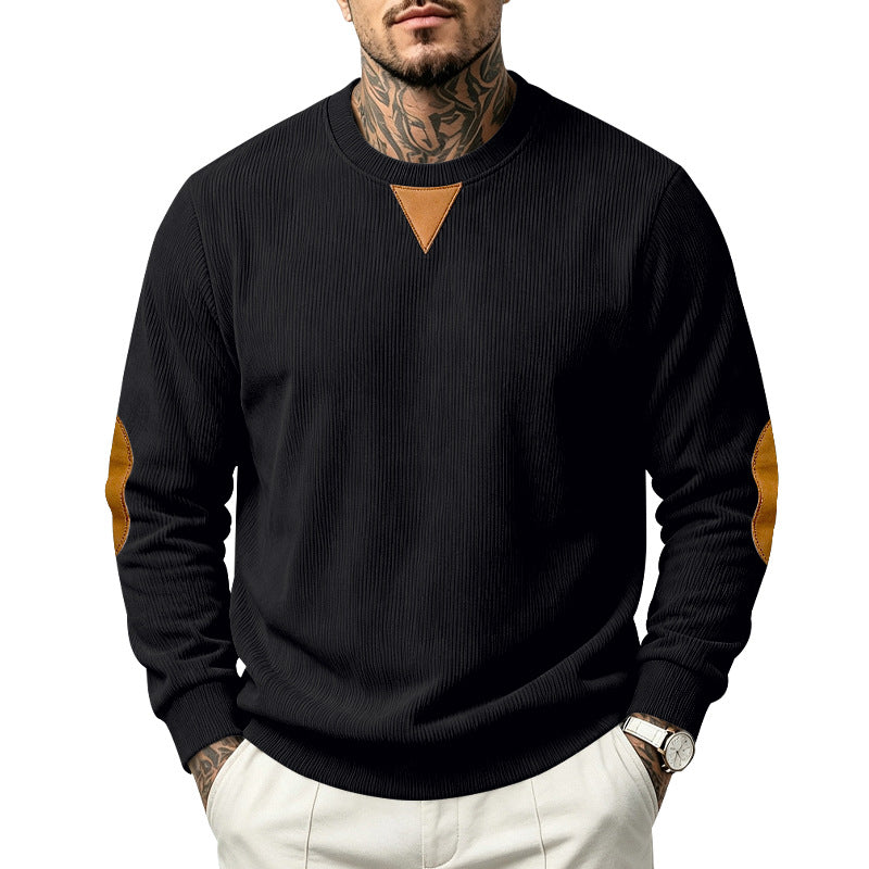 Men's Corduroy Crew Neck Sweatshirt | Relaxed Fit Embroidered Long Sleeve Top