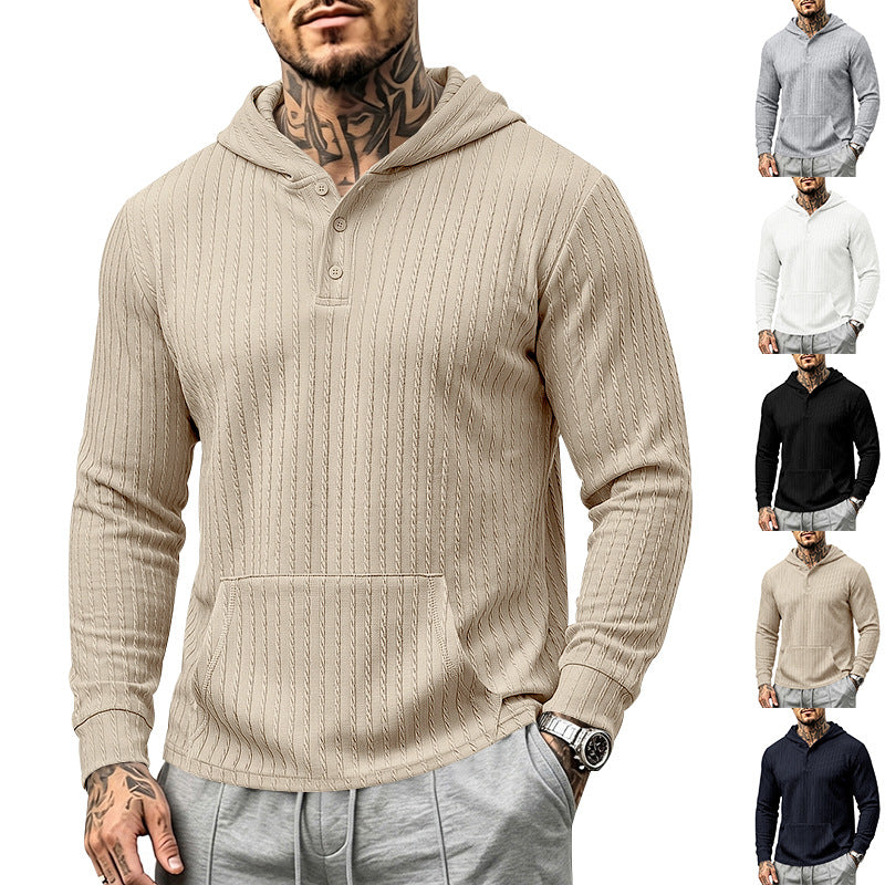 Men's Hooded Henley Long Sleeve | Relaxed Textured Pocket Shirt
