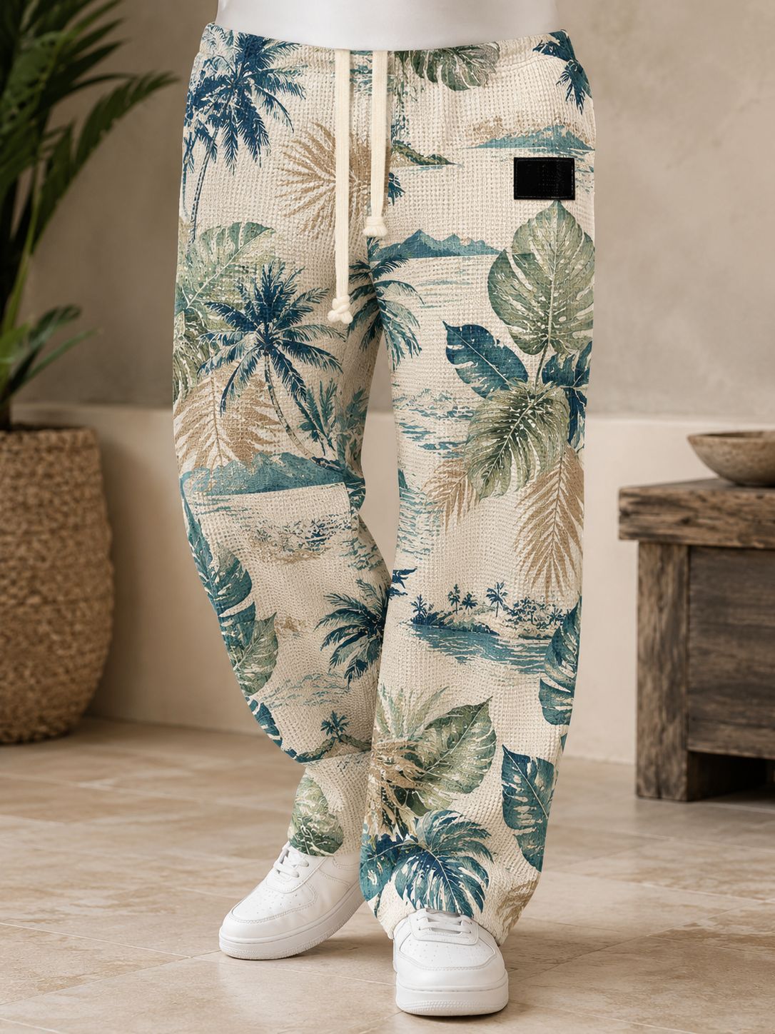 Men's All-Over Print Waffle Knit Pants | High-Waisted Drawstring Relaxed Fit Trousers