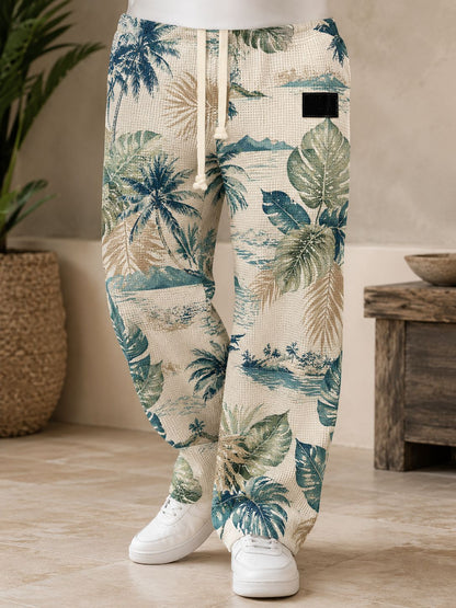 Men's All-Over Print Waffle Knit Pants | High-Waisted Drawstring Relaxed Fit Trousers