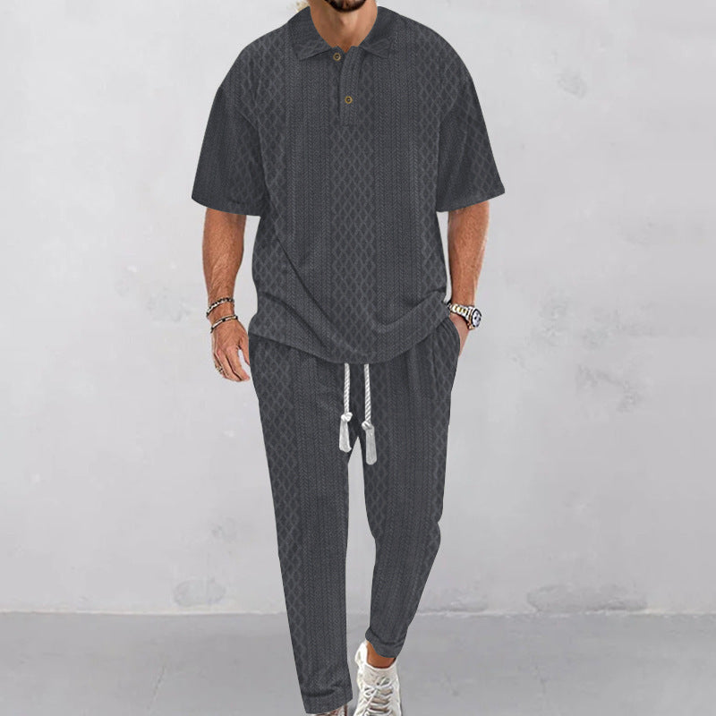Men's solid-color short-sleeve top and long pants two-piece set