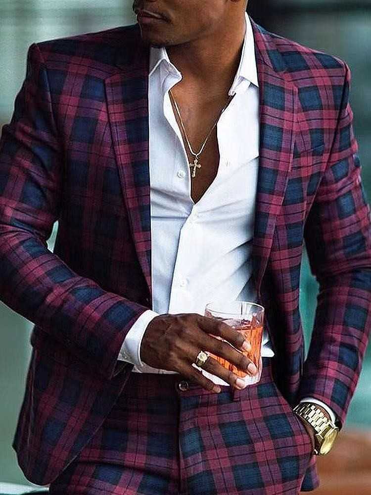 Men's Fashion Casual Two Button Large Pocket Plaid Blazer
