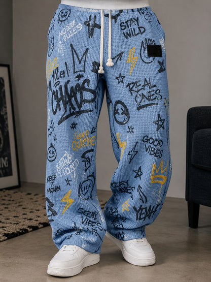 Men's All-Over Print Waffle Knit Pants | High-Waisted Drawstring Relaxed Fit Trousers