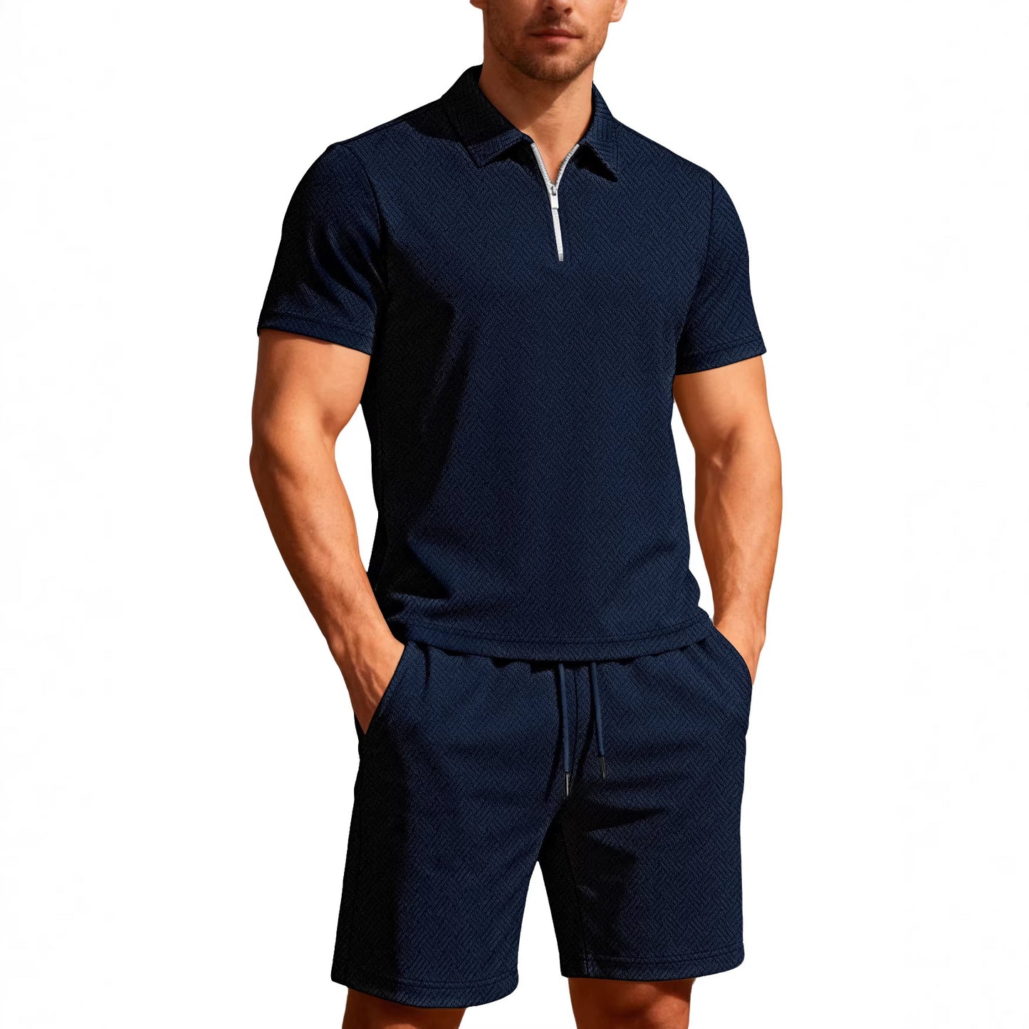Men's Short Sleeve Zip Polo Shorts Set