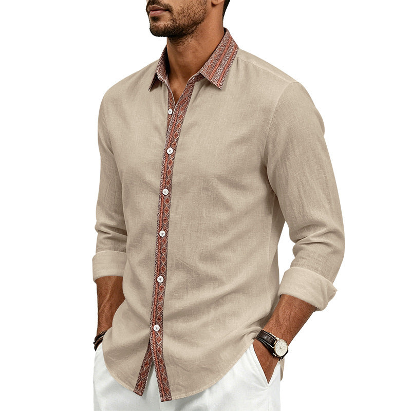 Men's Linen Shirt Long Sleeve | Contrast Placket Collared Shirt