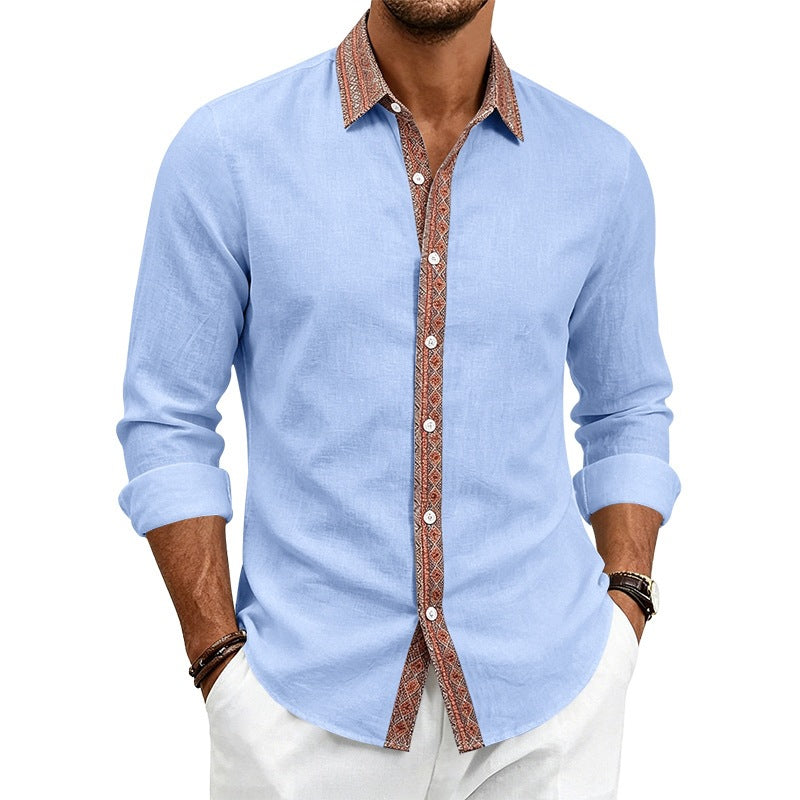 Men's Linen Shirt Long Sleeve | Contrast Placket Collared Shirt