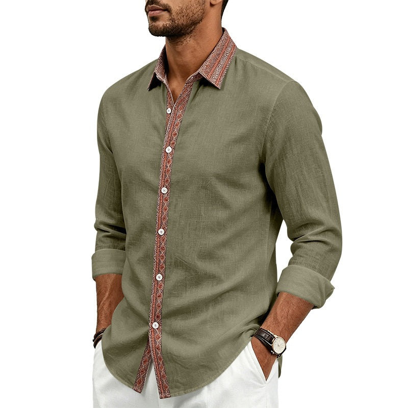 Men's Linen Shirt Long Sleeve | Contrast Placket Collared Shirt