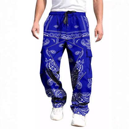 Men's All-Over Print Cargo Pants | Multi-Pocket Drawstring Trousers