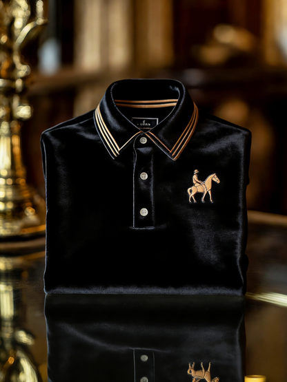 Men's Velvet Business Logo Print Long Sleeve Polo Shirt